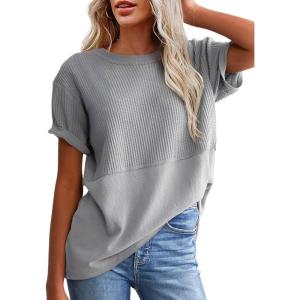 imageSHEWIN Womens Casual V Neck Waffle Knit Tops Short Sleeve T Shirts Loose BlousesD Blue