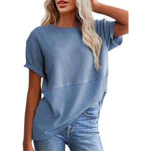 imageSHEWIN Womens Casual V Neck Waffle Knit Tops Short Sleeve T Shirts Loose BlousesD Hot Pink