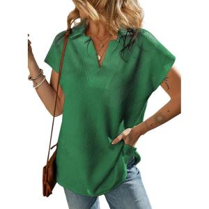 imageSHEWIN Womens Polo Shirts Casual Collared V Neck Short Sleeve T Shirt Tunic Tops Loose FitB Dark Green