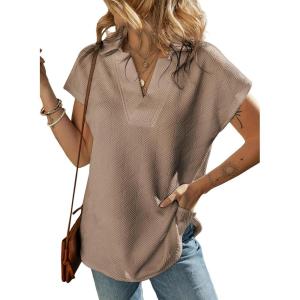 imageSHEWIN Womens Polo Shirts Casual Collared V Neck Short Sleeve T Shirt Tunic Tops Loose FitB Khaki