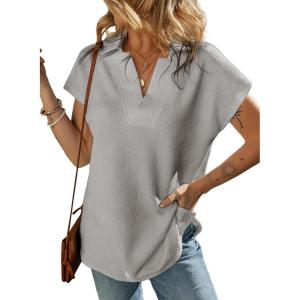 imageSHEWIN Womens Polo Shirts Casual Collared V Neck Short Sleeve T Shirt Tunic Tops Loose FitB Light Grey