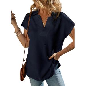 imageSHEWIN Womens Polo Shirts Casual Collared V Neck Short Sleeve T Shirt Tunic Tops Loose FitB Navy Blue