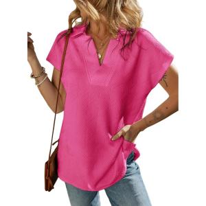 imageSHEWIN Womens Polo Shirts Casual Collared V Neck Short Sleeve T Shirt Tunic Tops Loose FitB Rose Red