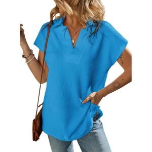 imageSHEWIN Womens Polo Shirts Casual Collared V Neck Short Sleeve T Shirt Tunic Tops Loose FitB Sky Blue
