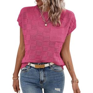 imageSHEWIN Womens Short Sleeve Sweater Casual Crewneck Summer Tops Lightweight Cap Sleeve Knit Sweater Vest TopsBright Pink
