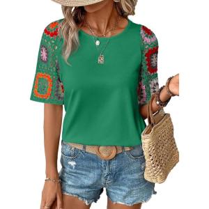 imageSHEWIN Womens Summer Tops Casual Short Sleeve T Shirts Crewneck Boho Crochet Floral Print Shirt BlousesDark Green