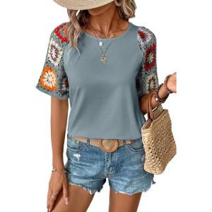 imageSHEWIN Womens Summer Tops Casual Short Sleeve T Shirts Crewneck Boho Crochet Floral Print Shirt BlousesMedium Grey
