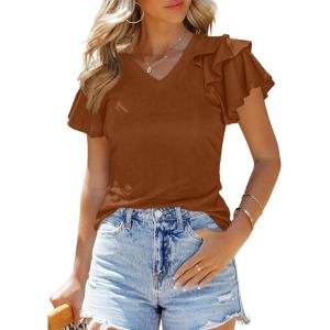imageSHEWIN Womens Summer Tops Ruffle Short Sleeve T Shirts Casual Slim FitV Brown
