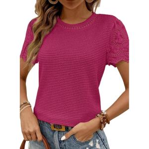 imageSHEWIN Womens Frenchy Summer Tops Crewneck Short Sleeve T Shirts Casual Waffle Knit Jacquard Blouses Top Shirts