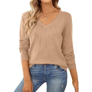 imageSHEWIN Womens Sweaters 2025 Casual Crewneck Long Sleeve Lightweight Knit Pullover Sweater Tops Fall ClothesPure Khaki
