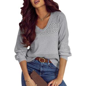 imageSHEWIN Womens Sweaters Casual Long Sleeve V Neck Lightweight Crochet Pullover Sweater TopsA Gray