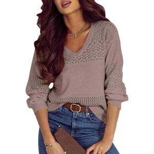 imageSHEWIN Womens Sweaters Casual Long Sleeve V Neck Lightweight Crochet Pullover Sweater TopsB Apricot Pink