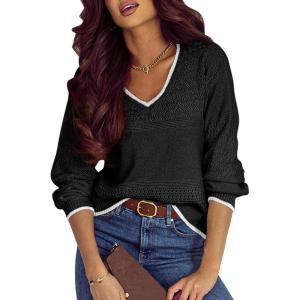 imageSHEWIN Womens Sweaters Casual Long Sleeve V Neck Lightweight Crochet Pullover Sweater TopsB Black White