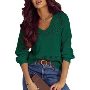 imageSHEWIN Womens Sweaters Casual Long Sleeve V Neck Lightweight Crochet Pullover Sweater TopsB Blackish Green