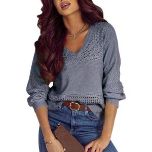 imageSHEWIN Womens Sweaters Casual Long Sleeve V Neck Lightweight Crochet Pullover Sweater TopsB Blue