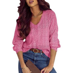 imageSHEWIN Womens Sweaters Casual Long Sleeve V Neck Lightweight Crochet Pullover Sweater TopsB Bonbon