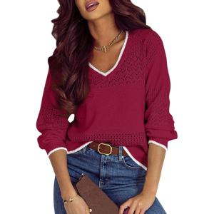 imageSHEWIN Womens Sweaters Casual Long Sleeve V Neck Lightweight Crochet Pullover Sweater TopsB Burgundy
