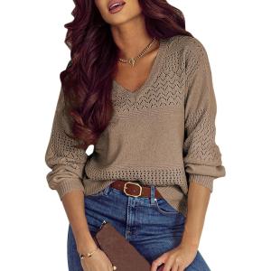 imageSHEWIN Womens Sweaters Casual Long Sleeve V Neck Lightweight Crochet Pullover Sweater TopsB Camel