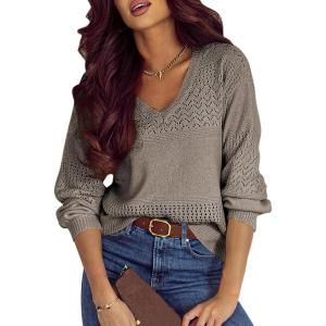 imageSHEWIN Womens Sweaters Casual Long Sleeve V Neck Lightweight Crochet Pullover Sweater TopsB Chestnut