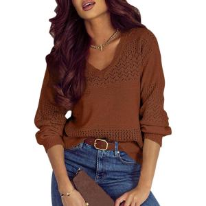 imageSHEWIN Womens Sweaters Casual Long Sleeve V Neck Lightweight Crochet Pullover Sweater TopsB Coffee