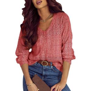 imageSHEWIN Womens Sweaters Casual Long Sleeve V Neck Lightweight Crochet Pullover Sweater TopsB Coral