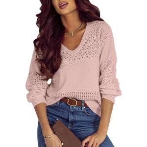 imageSHEWIN Womens Sweaters Casual Long Sleeve V Neck Lightweight Crochet Pullover Sweater TopsB Dusty Pink