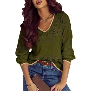 imageSHEWIN Womens Sweaters Casual Long Sleeve V Neck Lightweight Crochet Pullover Sweater TopsB Fern Green