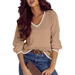 imageSHEWIN Womens Sweaters Casual Long Sleeve V Neck Lightweight Crochet Pullover Sweater TopsB Light French Beige