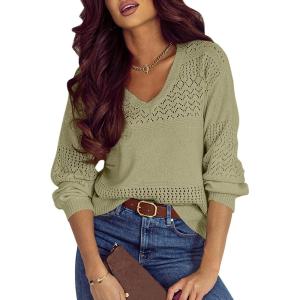 imageSHEWIN Womens Sweaters Casual Long Sleeve V Neck Lightweight Crochet Pullover Sweater TopsB Meadow Mist Green