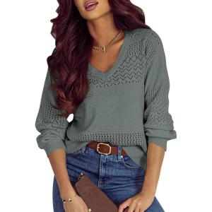 imageSHEWIN Womens Sweaters Casual Long Sleeve V Neck Lightweight Crochet Pullover Sweater TopsB Mist Green
