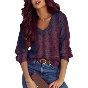 imageSHEWIN Womens Sweaters Casual Long Sleeve V Neck Lightweight Crochet Pullover Sweater TopsB Red Dahlia