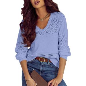 imageSHEWIN Womens Sweaters Casual Long Sleeve V Neck Lightweight Crochet Pullover Sweater TopsB Sky Blue