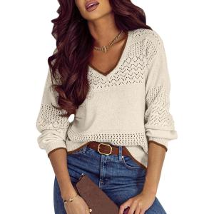 imageSHEWIN Womens Sweaters Casual Long Sleeve V Neck Lightweight Crochet Pullover Sweater TopsB White Brown