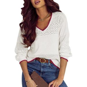 imageSHEWIN Womens Sweaters Casual Long Sleeve V Neck Lightweight Crochet Pullover Sweater TopsB White Red