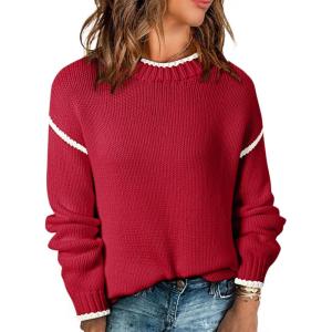 imageSHEWIN Womens Sweaters Crewneck Long Sleeve Knit Pullover Sweater Casual Fall Tops for Women 2025Red Dahlia