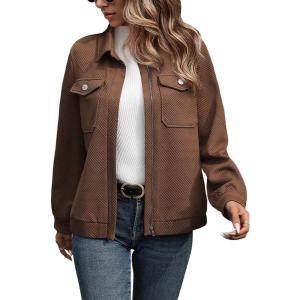 imageSHEWIN Jackets for Women Fall Fashion 2025 Casual Zip Up Shacket Jacket Lightweight Long Sleeve Shirts TopsBrown