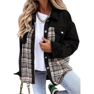 imageSHEWIN Womens Oversized Denim Jacket Casual Long Sleeve Button Down Plaid Shacket Boyfriend Jean Jacket With PocketsBlack