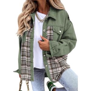 imageSHEWIN Womens Oversized Denim Jacket Casual Long Sleeve Button Down Plaid Shacket Boyfriend Jean Jacket With PocketsGreen