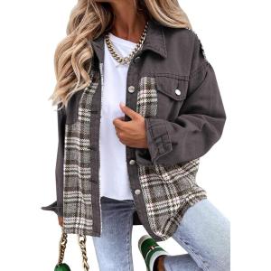 imageSHEWIN Womens Oversized Denim Jacket Casual Long Sleeve Button Down Plaid Shacket Boyfriend Jean Jacket With PocketsGrey