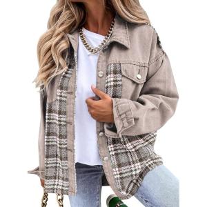 imageSHEWIN Womens Oversized Denim Jacket Casual Long Sleeve Button Down Plaid Shacket Boyfriend Jean Jacket With PocketsLight Grey