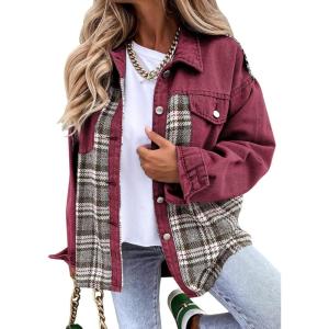imageSHEWIN Womens Oversized Denim Jacket Casual Long Sleeve Button Down Plaid Shacket Boyfriend Jean Jacket With PocketsLight Red