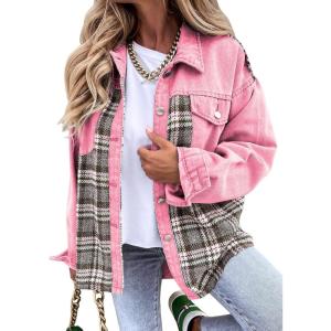 imageSHEWIN Womens Oversized Denim Jacket Casual Long Sleeve Button Down Plaid Shacket Boyfriend Jean Jacket With PocketsPink