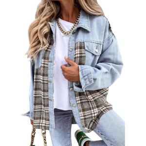 imageSHEWIN Womens Oversized Denim Jacket Casual Long Sleeve Button Down Plaid Shacket Boyfriend Jean Jacket With PocketsSky Blue