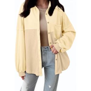 imageSHEWIN Womens Waffle Knit Shackets Fall Fashion Button Down Shirt Jacket Loose Long Sleeve Tops With PocketApricot