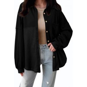 imageSHEWIN Womens Waffle Knit Shackets Fall Fashion Button Down Shirt Jacket Loose Long Sleeve Tops With PocketBlack