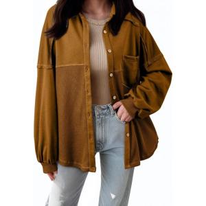 imageSHEWIN Womens Waffle Knit Shackets Fall Fashion Button Down Shirt Jacket Loose Long Sleeve Tops With PocketCoffee