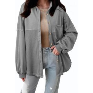 imageSHEWIN Womens Waffle Knit Shackets Fall Fashion Button Down Shirt Jacket Loose Long Sleeve Tops With PocketMedium Grey