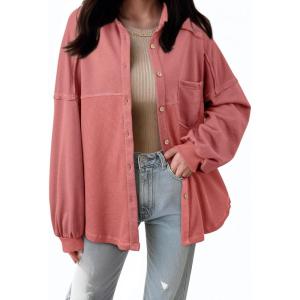 imageSHEWIN Womens Waffle Knit Shackets Fall Fashion Button Down Shirt Jacket Loose Long Sleeve Tops With PocketMineral Red