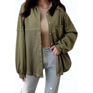 imageSHEWIN Womens Waffle Knit Shackets Fall Fashion Button Down Shirt Jacket Loose Long Sleeve Tops With PocketMoss Green