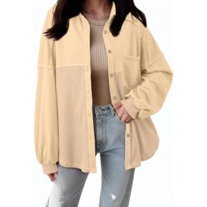 imageSHEWIN Womens Waffle Knit Shackets Fall Fashion Button Down Shirt Jacket Loose Long Sleeve Tops With PocketPale Khaki